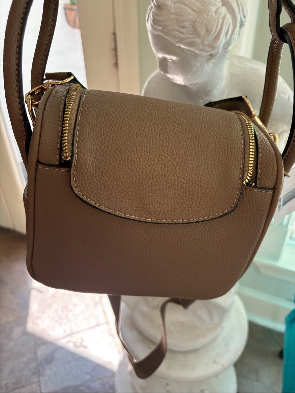 Taupe Faux-Leather Crossbody Bag with Gold Hardware